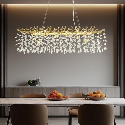 Modern Crystal Tree Branches Chandelier, 47.5in Gold 14 Lights Large Ceiling Hanging Light for Dining Room, Rectangle Raindrop Pendant Light Fixture