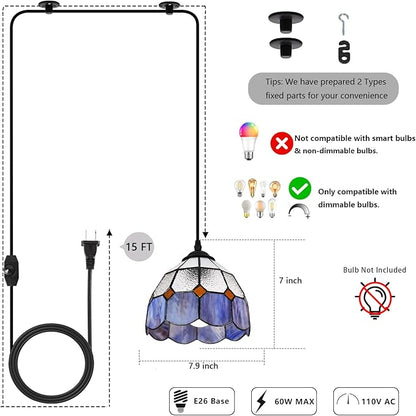 HuisMier Tiffany Style Plug in Pendant Light, 15 Feet Cord Stained Glass Hanging Lamp with Dimmable On Off Switch, Vintage Swag Ceiling Lamp for Dining Room Living Room Bedroom, 7.9" Width