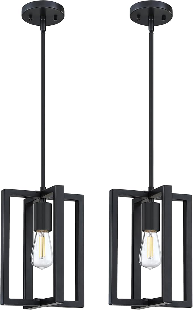 2 Pack 1 Light 7.3" Hanging Farmhouse Indoor Kitchen Island Pendant Light Lantern Cage Black Finish,for Kitchen Island Over Sink Dining Room,Adjustable Length UL Certification