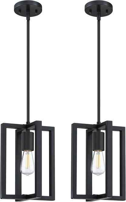 2 Pack 1 Light 7.3" Hanging Farmhouse Indoor Kitchen Island Pendant Light Lantern Cage Black Finish,for Kitchen Island Over Sink Dining Room,Adjustable Length UL Certification