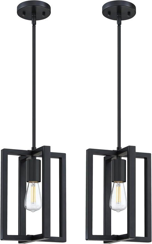 2 Pack 1 Light 7.3" Hanging Farmhouse Indoor Kitchen Island Pendant Light Lantern Cage Black Finish,for Kitchen Island Over Sink Dining Room,Adjustable Length UL Certification