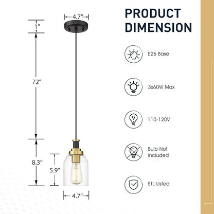 zeyu Modern Hanging Pendant Lights 2 Pack, Kitchen Pendant Lighting with Clear Glass Shade, Black and Gold Finish, ZG33M1L-2 BK+BG