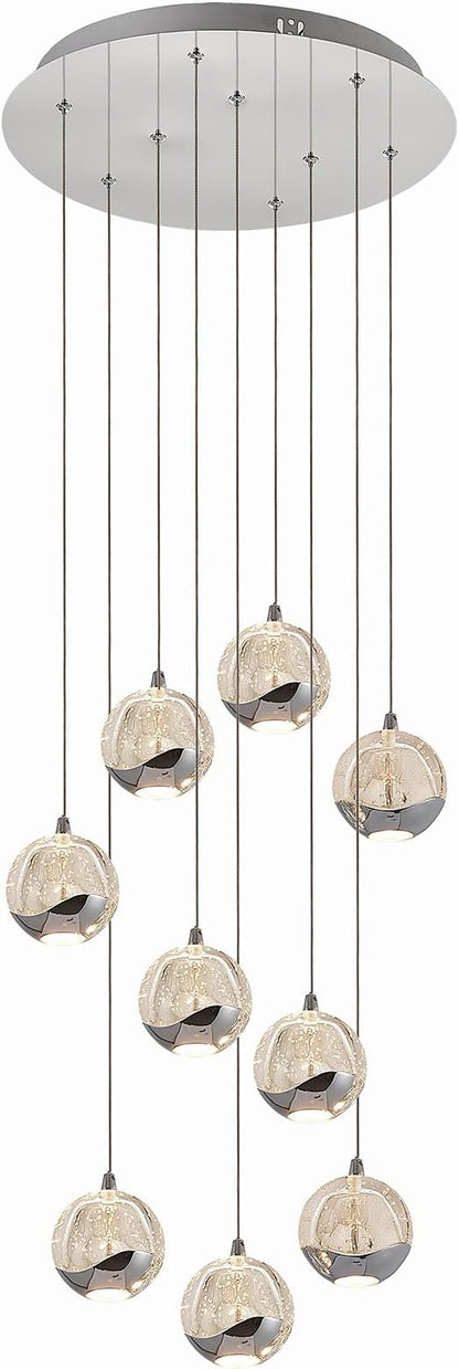 9-Light Modern Chrome Glass Globe Chandelier, Hanging Cluster Pendant Light Kitchen Island & Foyer Chandelier, Warm White 3000K, 4230 Lm, LED Modern Chandelier, Ø 15.7 in