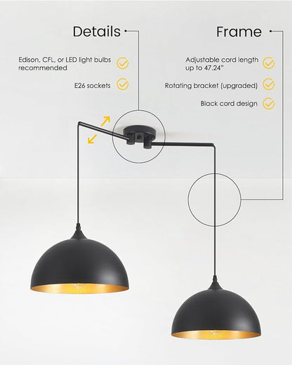 Black Pendant Lights Kitchen Island 2-Light, Black Dome Pendant Light, Kitchen Island Lighting, Dining Room Light Fixture, Island Pendant Lights for Kitchen, Dining Room, Bar, Cafe