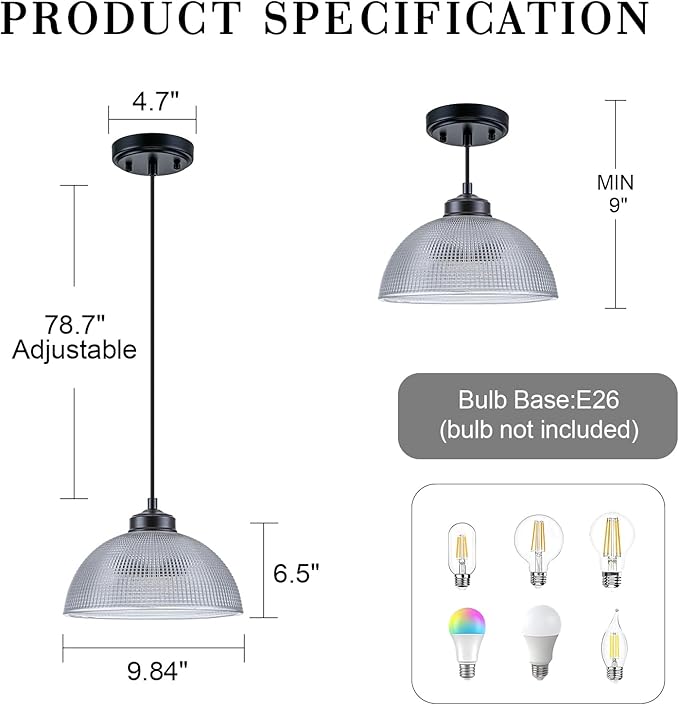 EDSILIVE Vintage Glid Glass Pendant Lights Kitchen Island 9.84" Barn Dome Clear Glass Hanging Ceiling Light Fixture with Black Finish for Dining Room Kitchen Table