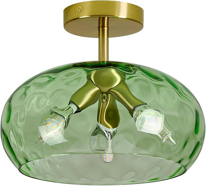 Luafac Green Glass Flush Mount Ceiling Light - 12 Inch Hammered Glass Hallway Light fixtures Ceiling, Vintage Gold Semi Flush Mount Ceiling Light,Mid Century Light Fixture for Bedroom Entryway Kitchen