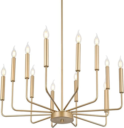 WOKNOS Modern Gold Farmhouse Chandeliers, 12-Light Industrial Metal Chandelier Lighting, Classic Candle Hanging Pendant Light Fixtures for Kitchen, Dining Room, Living Room, Entryway