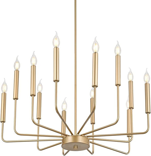 WOKNOS Modern Gold Farmhouse Chandeliers, 12-Light Industrial Metal Chandelier Lighting, Classic Candle Hanging Pendant Light Fixtures for Kitchen, Dining Room, Living Room, Entryway