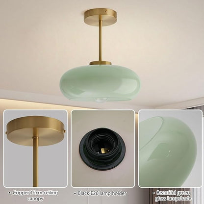 Milk Ceiling Light mid Century Modern Ceiling Light fixtures with Milk Green Glass Shade Gold Semi Flush Mount Ceiling Light, Vintage Glass Ceiling Lamp Hallway Dining Room Kitchen