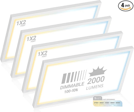 NUWATT 4 Pack, 1x2 LED Flat Panel Light Surface Mount, 5CCT 2700K/3000K/3500K/4000K/5000K Selectable, 2000LM, 22W, Internal Driver, Dimmable, 120V, 1x2 FT Ultra-Thin Ceiling Light Fixture, 1" Thick