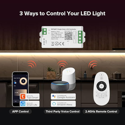 SEZO C01W WiFi Bluetooth Single Color LED Strip Controller Group Control Support Tuya Smart Life APP/Voice Control Compatible with LM091 LM096 LM007 LM097 Single Color Remote DC12-24V