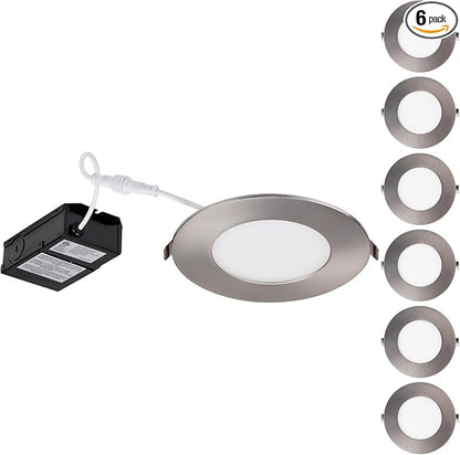 TORCHSTAR E-Lite Series 4 Inch Slim Recessed Lighting with J-Box, 10.5W Ultra-Thin LED Recessed Light, Dimmable Canless Downlight, ETL&ES Listed, CRI90, 2700K Soft White, Satin Nickel, Pack of 6