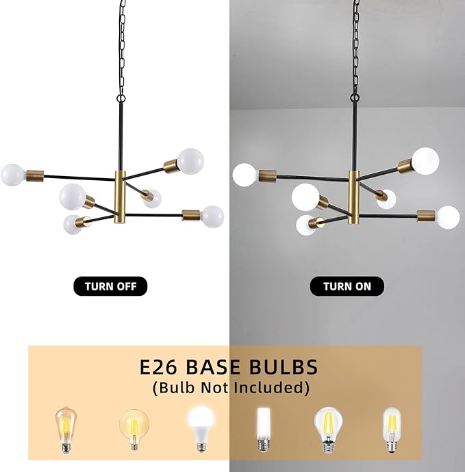 Plug in Chandelier Lighting with Long Cord, 6 Lights Modern Hanging Lights with Plug in Cord 15.09ft&On/Off Switch, Hanging Lamp Plug in Pendant Light Fixture for Dining Room Bedroom Kitchen