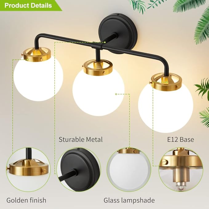 Black Gold Bathroom Light Fixtures Above Mirror, 22.4'' Modern Vanity Lighting with White Glass Globe Shade 3-Light Farmhouse Wall Sconce