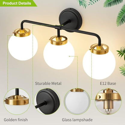 Black Gold Bathroom Light Fixtures Above Mirror, 22.4'' Modern Vanity Lighting with White Glass Globe Shade 3-Light Farmhouse Wall Sconce