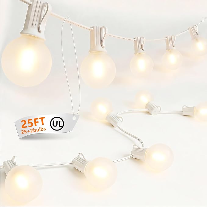 25FT G40 LED Frosted Outdoor String Lights, Globe String Lights with 27 Edison Shatterproof Bulbs(2 Spare), Decorative Lights for Bedroom Bistro Café Wedding, Warm White, White Wire