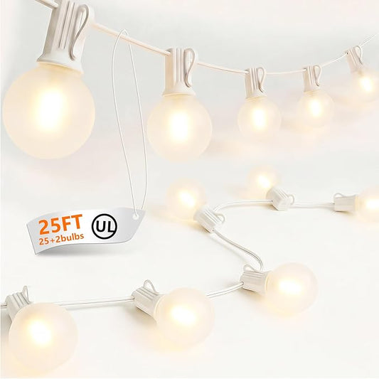 25FT G40 LED Frosted Outdoor String Lights, Globe String Lights with 27 Edison Shatterproof Bulbs(2 Spare), Decorative Lights for Bedroom Bistro Café Wedding, Warm White, White Wire