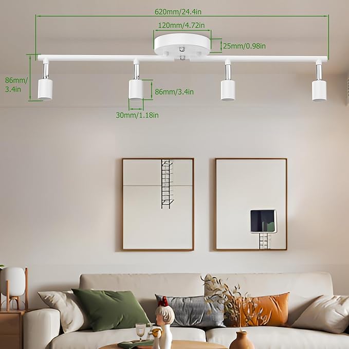 AIBOO Track Lighting Kit, Modern White Ceiling Spot Lighting with Flexibly Rotatable Light Heads, 4 Track Lights for Room/Hallway/Kitchen (GU10 Bulbs Not Included)