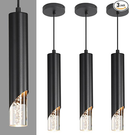 3 Pack Minimalist Kitchen Island Pendant Lights, Black Modern Linear Hanging Light Fixture, Bubble Acrylic, Adjustable 2700K/4500K/6500K, LED Ceiling Lamp for Dining Room, Bedside, Bathroom, Bar