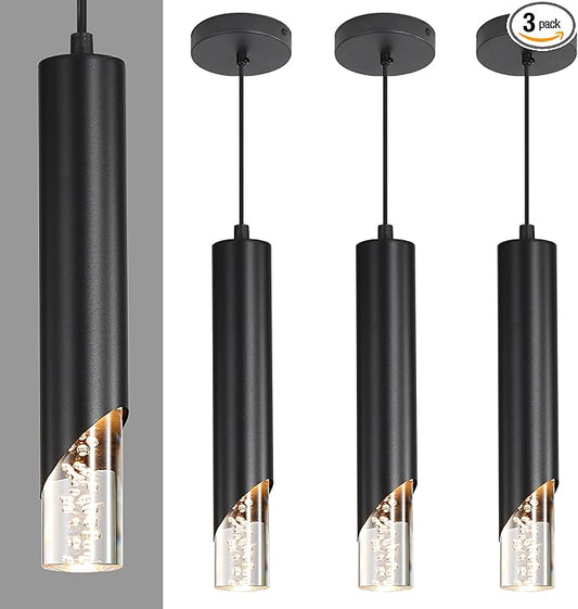 3 Pack Minimalist Kitchen Island Pendant Lights, Black Modern Linear Hanging Light Fixture, Bubble Acrylic, Adjustable 2700K/4500K/6500K, LED Ceiling Lamp for Dining Room, Bedside, Bathroom, Bar