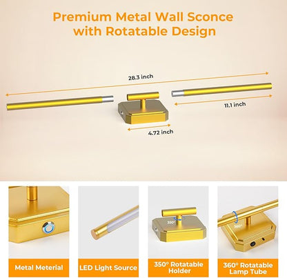 GvvooHome Battery Operated Wall Sconces Set of 2, Wall Lamps Detachable 360°Rotate, 3000-6500K Dimmable with Remote Control, 10000mAh Rechargeable Wall Lights for Bedroom, Living Room 28.3" Gold