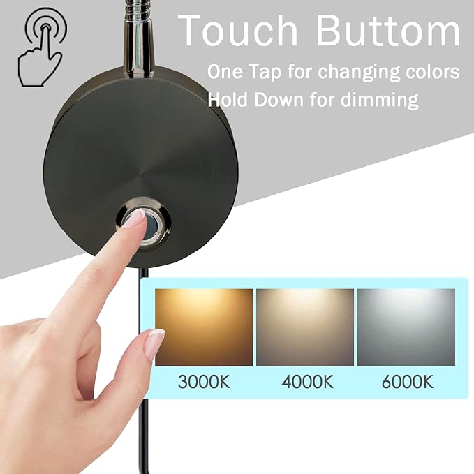 Adust Bedside Reading Light for Bed, Bed Wall Mounted Reading Light, 3W LED Touch Dimmable Brightness Minimalist Wall Headboard Reading Lamp, 3 Colour Temperature, 3000k, 4000k, 6000k