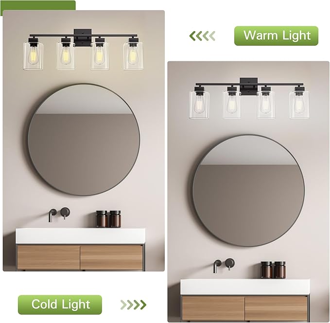 4 Light Bathroom Vanity Light - Matte Black Bathroom Light Fixtures Square Design & UL Certification, Square Light Fixture Over Mirror, Farmhouse Light Fixtures for Bathroom & Bedroom