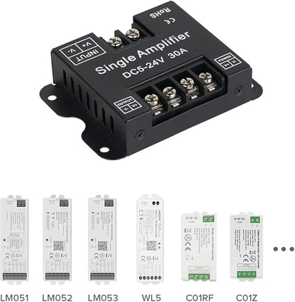 BTF-LIGHTING COB FCOB 2835 3014 3528 5050 1 Channel Signal Amplifier Controller Work with V- V+ Single Color 2Pin LED Strip Suitable for Long Distance Light Projects DC5V DC12V DC24V Max 30A