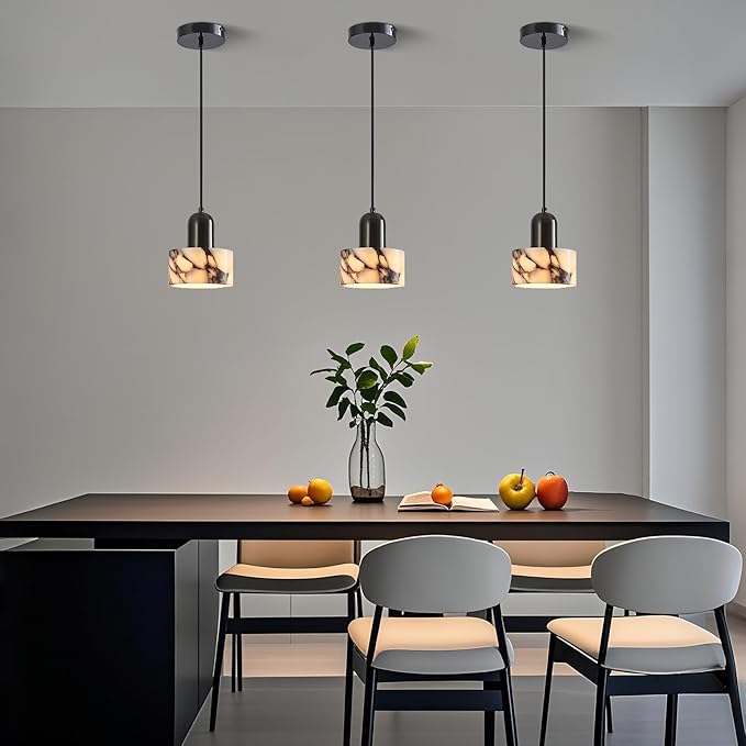 Natural Stone Pendant Lights Kitchen Island, Black Pendant Light Fixtures, Pendant lamp Marble Cylinder Shade Brass with Black Rubbed Gold Finish for Bedroom Bathroom Dining Room Living Room