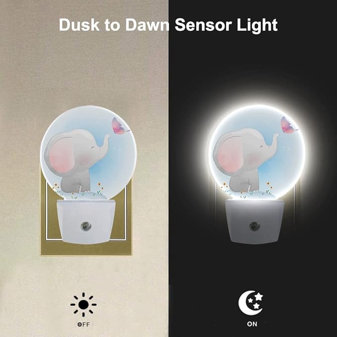 EKOBLA Plug-in Cute Elephant Night Light, Watercolor Elephant & Butterfly Design, Dusk to Dawn Sensor, Safari Animal Nightlight Decor for Boys Girls Bedroom Bathroom