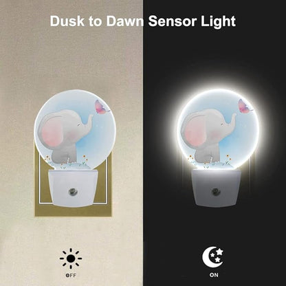 EKOBLA Plug-in Cute Elephant Night Light, Watercolor Elephant & Butterfly Design, Dusk to Dawn Sensor, Safari Animal Nightlight Decor for Boys Girls Bedroom Bathroom
