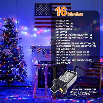 LAMPHOME 100 LED Red White and Blue Lights, 4th of July Decorations String Lights Plug in Indoor Outdoor, 16 Modes Waterproof Patriotic Light for Independence Day Holiday Memorial Day Party Decor