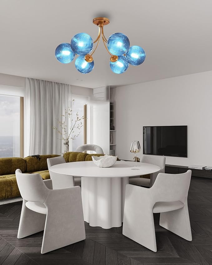 Blue Glass Ceiling Light Brass Gold Pendant Light Modern Globe Chandelier Vintage Sputnik Hanging Chandeliers Gold Pendant Light Fixtures for Dining Room Kitchen Living Room Bedroom