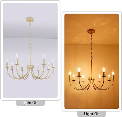 8-Light Gold Chandeliers for Dining Room, Farmhouse Dining Room Light Fixtures, Rustic Candle Chandelier Light Fixtures for Living Room, Kitchen, Staircase, Entryway, Foyer