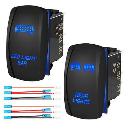 Joinfworld LED Light Bar Rocker Switch and Rear Light Rocker Switch ON/Off Laser Waterproof Marine Toggle Switch 12V 5 Pin Blue LED Rocker Light Switch for Car Boat ATV UTV RZR