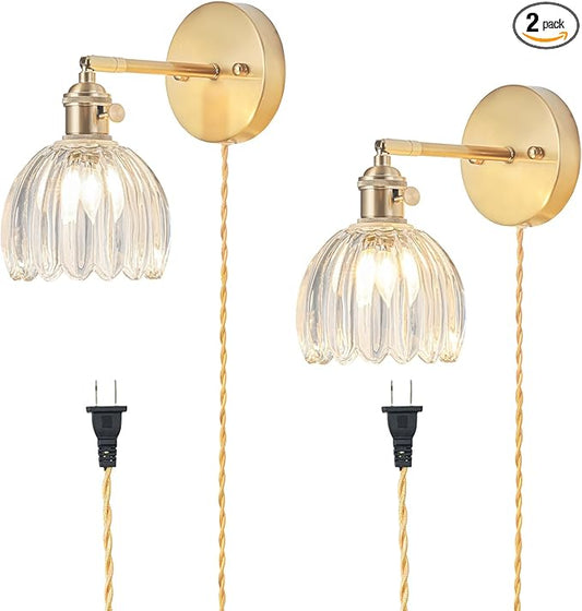 Plug in Wall Sconces Set of 2, Vintage Wall Sconce Light with Tulip Transparent Glass Lampshade, Bedroom Wall Sconce with Switch and Plug in wall lamp Cord, Gold Wall Light Wall Decor Set of 2
