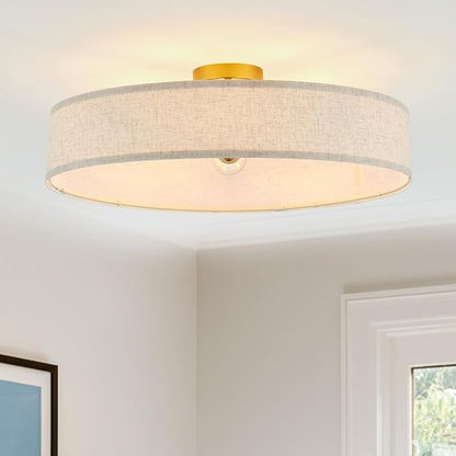 VILUXY Gold Semi-Flush Mount Ceiling Light Fixture 24" Large Modern Ceiling Light with Linen Fabric Drum Shade 5-Light Round Ceiling Lamp for Bedroom Dining Room Entryway