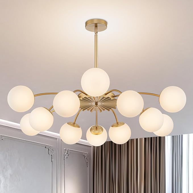 Longree 12-Light Gold and White Sputnik Chandeliers with Blossom Accent Opal Glass Bubble Pendant Light Fixture Mid Century Milk Glass Starburst Lighting for Dining Hallway Living