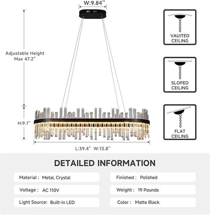 Modern Rectangular Crystal Led Chandelier: 39.3" Black Linear Large Clear Crystals Chandeliers - Luxury Rectangle Contemporary Ceiling Chandelier - Decorated Long Chandeliers for Living Room Bedroom