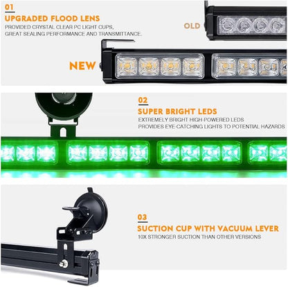 Xprite 35.5" Traffic Advisor Light Bar, LED Emergency Strobe Lights with 21 Flash Patterns, Suction Mount & Cigarette Plug, Strobe Lights for Trucks, SUV, Car - Green