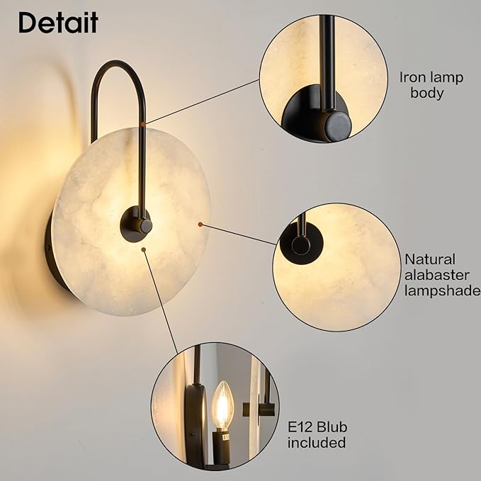 Round Alabaster Wall Sconce, Natural Marble Lampshade Wall Sconce, Hardwired Circular Sconce LED Modern Wall Lamp for Bedroom, Stairs, Living Room, Bedside, Hallway 9.84 Inch Black