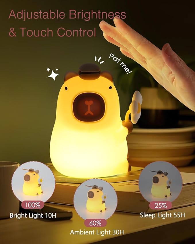 LOFICOPER Capybara Night Light, Silicone Dimmable Nursery Night Light, Rechargeable Touch Lamp, Cute Animal Lamp with Auto-Off Timer for Table Bedside Bedroom Decoration