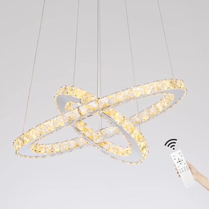 Modern Crystal Chandeliers Dimmable Round Pendant Lighting with Remote 2 Rings LED Ceiling Hanging Light Fixture for Foyer Dining Room Living Room Bedroom, 3000K/4000K/6000K 15.75”+7.7”