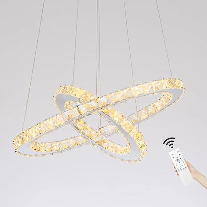Modern Crystal Chandeliers Dimmable Round Pendant Lighting with Remote 2 Rings LED Ceiling Hanging Light Fixture for Foyer Dining Room Living Room Bedroom, 3000K/4000K/6000K 15.75”+7.7”