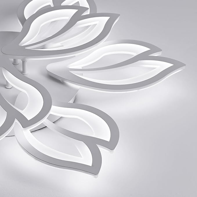 Modern White Flower Ceiling Light Fixture, 30 Inch Dimmable Flush Mount with 12 Leaves, Low Profile for Living Room, Dining Room, Bedroom