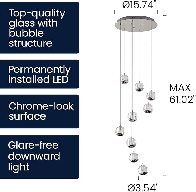 9-Light Modern Chrome Glass Globe Chandelier, Hanging Cluster Pendant Light Kitchen Island & Foyer Chandelier, Warm White 3000K, 4230 Lm, LED Modern Chandelier, Ø 15.7 in