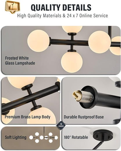 Modern Linear Chandeliers for Dining Room, 8-Light Globe Sputnik Pendant Ceiling Light, Black Dining Room Light Fixture Over Table, Mid Century Glass Milk White Bubble, 31.5 Inch, GC-09
