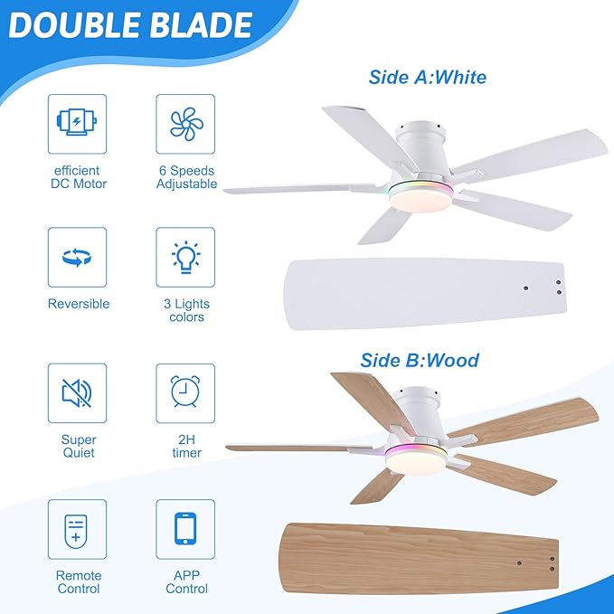 Surtime 52" Ceiling Fans with RGB Lights-Low Profile Ceiling Fan with Light and Remote/APP Control,Flush Mount,DC Reversible,LED Dimmable Ceiling Fans for Bedroom,Indoor/Outdoor Patio Use(White)