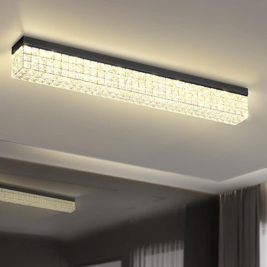 ykolupty L 40" Modern Rectangle Chandelier Black Rectangular Flush Mount Chandelier Crystal Ceiling Light Fixture for Dining Living Room Kitchen Island