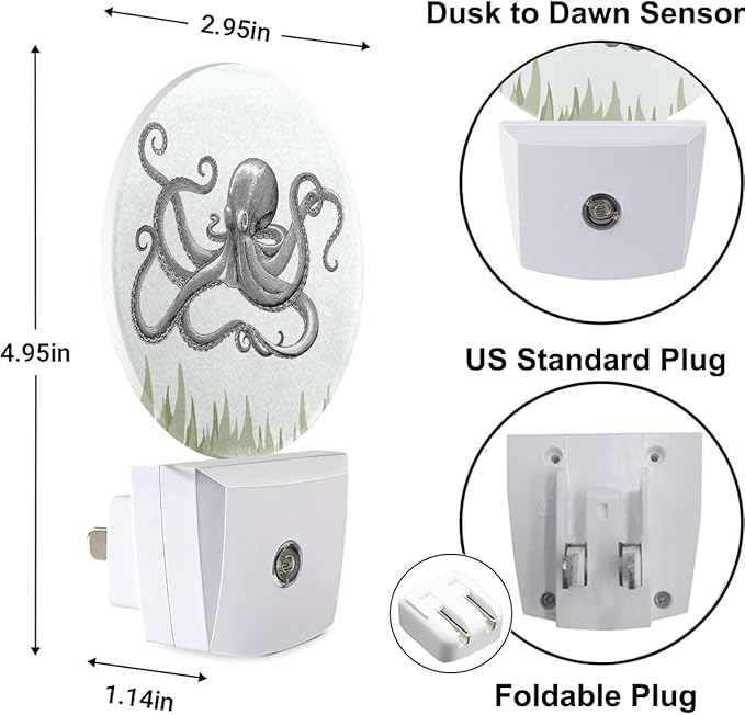 Octopus Night Light Ocean Sea Green Seaweed Octopus LED Dusk to Dawn Plug-in Nightlight Auto Sensor for Bedroom Bathroom Hallway Living Room Home Indoor